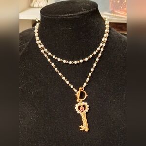 Gold and Pearl Heart Key Necklace With Pink Stone